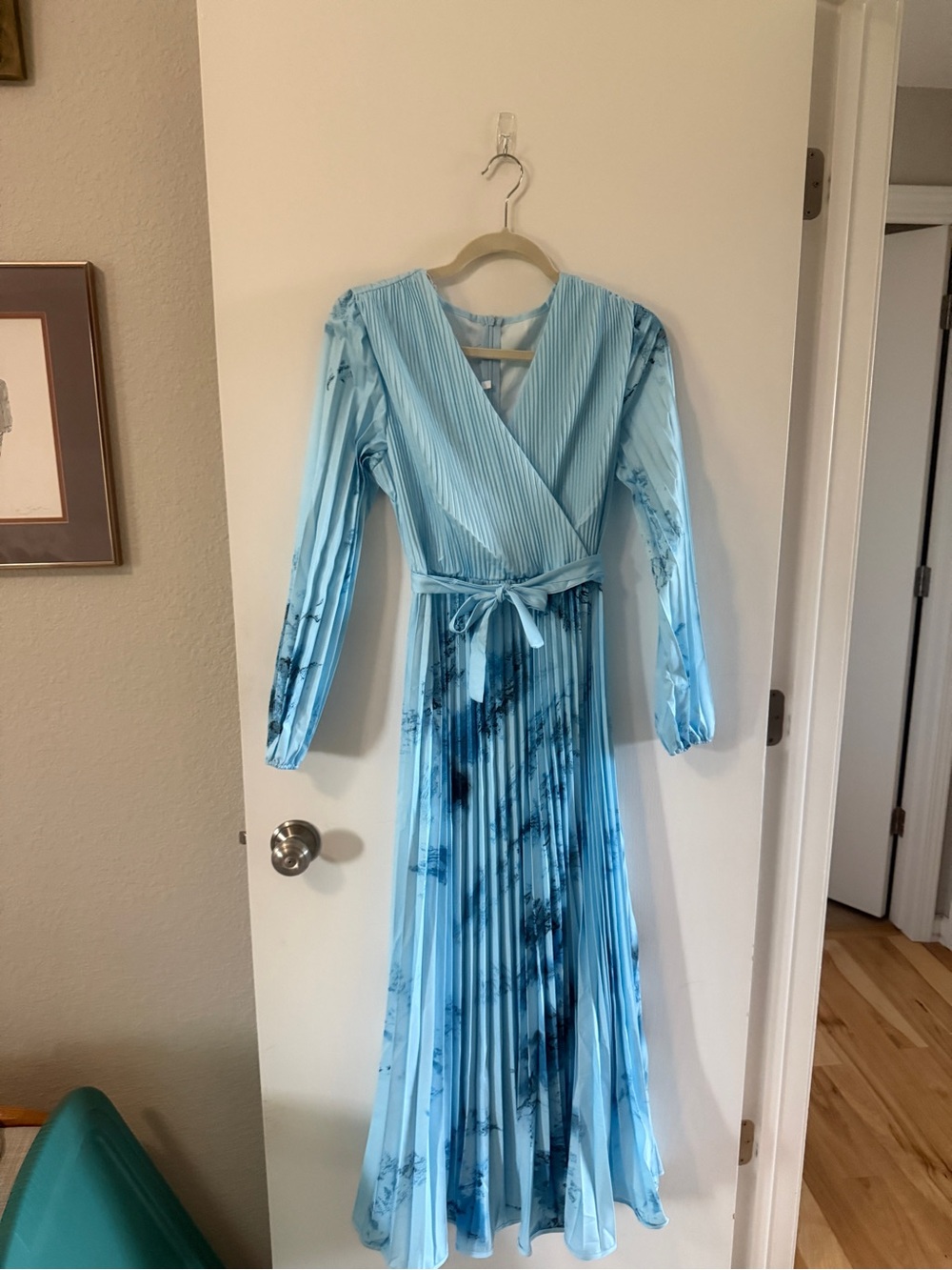 Light Blue Pleated Wrap Maxi Dress